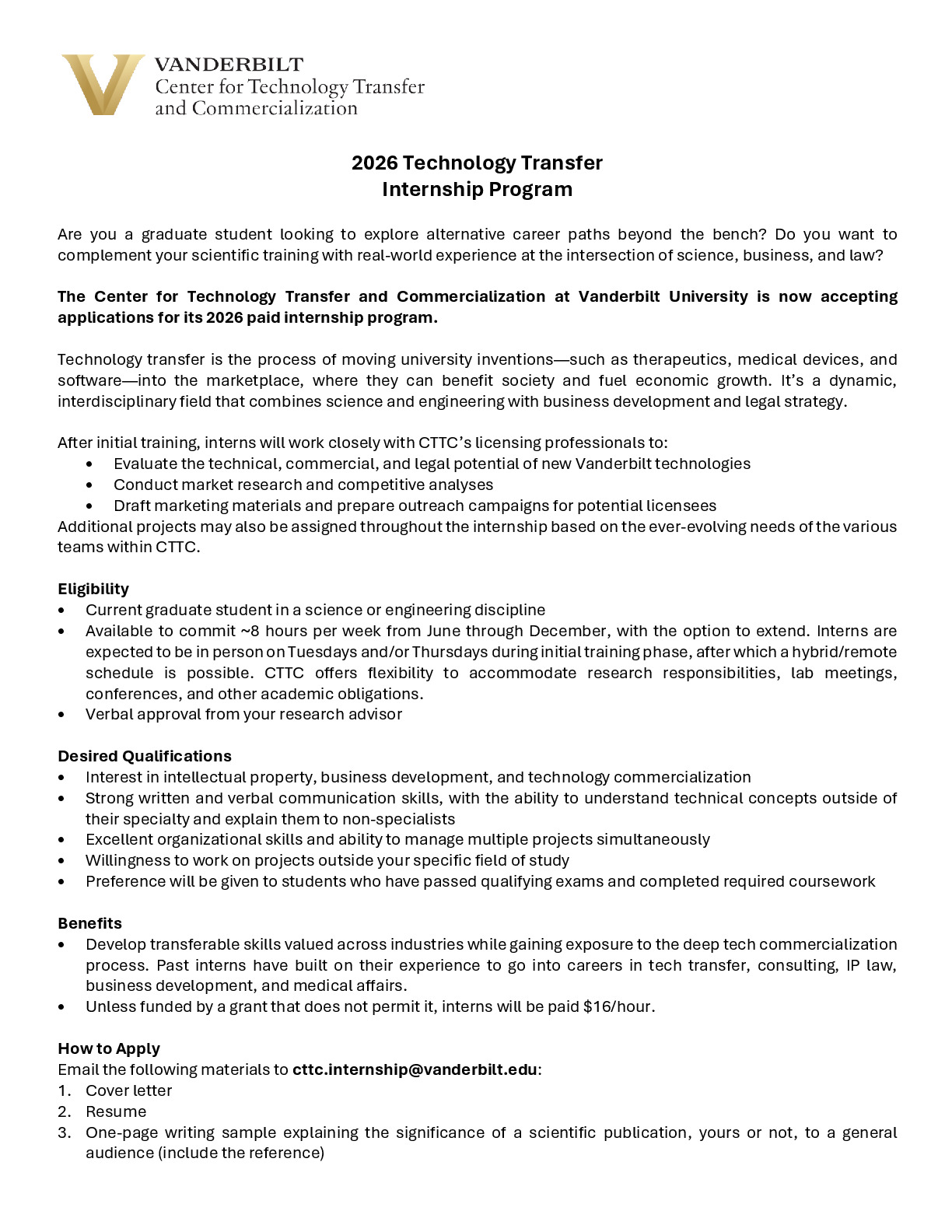 2026 Technology Transfer  Internship Program